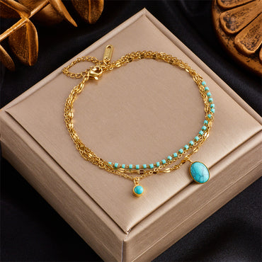 Retro Oval Titanium Steel Layered Inlay Turquoise Bracelets 1 Piece