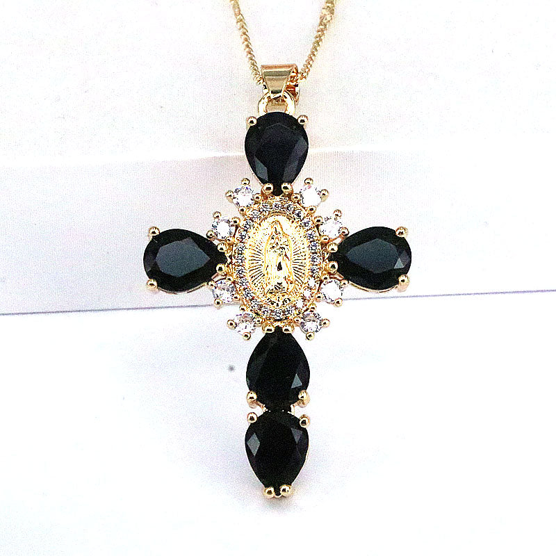 Ethnic Style Cross Copper Gold Plated Inlay Zircon Pendant Necklace 1 Piece