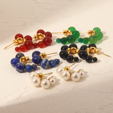 Fashion Round Stainless Steel Titanium Steel Gold Plated Inlay Artificial Gemstones Ear Studs 1 Pair