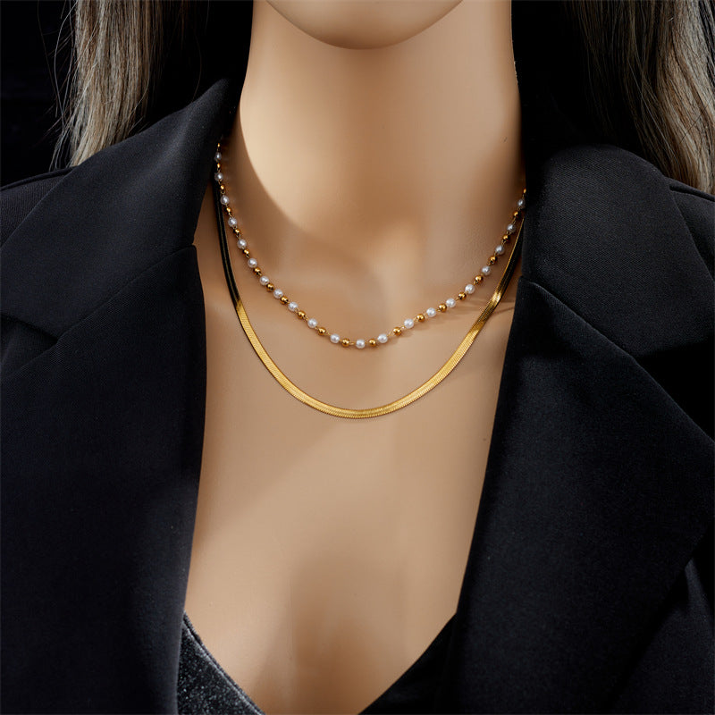 Fashion Pearl Titanium Steel Plating Layered Necklaces