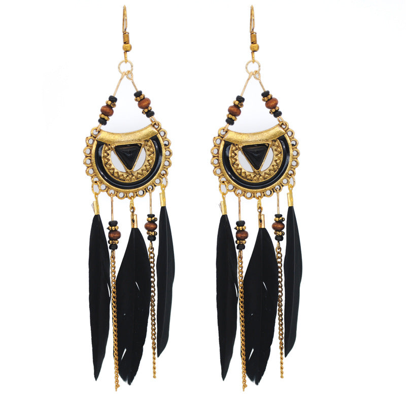 1 Pair Retro Feather Alloy Beaded Tassel Plating Artificial Gemstones Women's Drop Earrings