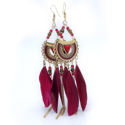 1 Pair Retro Feather Alloy Beaded Tassel Plating Artificial Gemstones Women's Drop Earrings