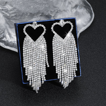 1 Pair Exaggerated Tassel Heart Shape Inlay Rhinestone Rhinestones Drop Earrings