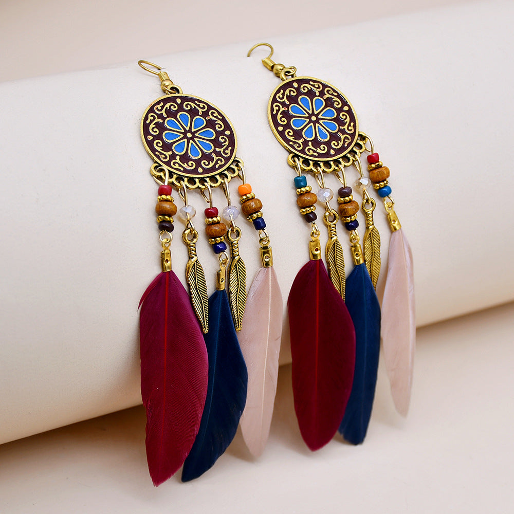 Bohemian Dreamcatcher Alloy Feather Beaded Hollow Out Women's Drop Earrings