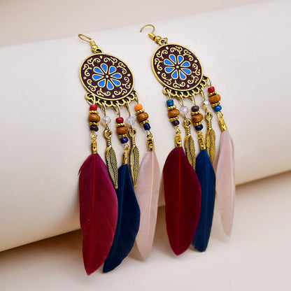 Bohemian Dreamcatcher Alloy Feather Beaded Hollow Out Women's Drop Earrings