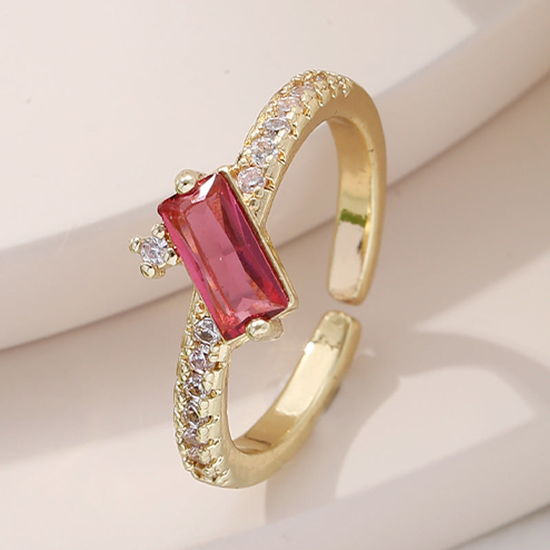 Simple Style Shiny Rectangle Copper Plating Inlay Zircon Gold Plated Open Ring