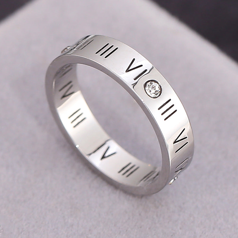 Simple Style Roman Numeral Titanium Steel Plating Hollow Out Inlay Zircon Gold Plated Rings