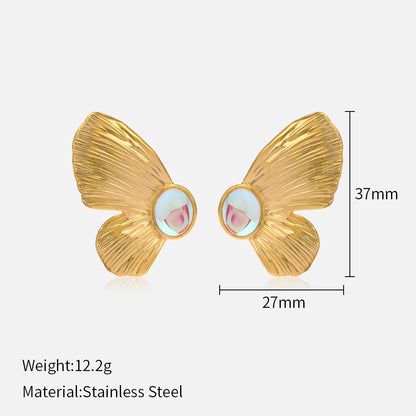 Retro Butterfly Stainless Steel Inlay Artificial Gemstones Ear Studs 1 Pair