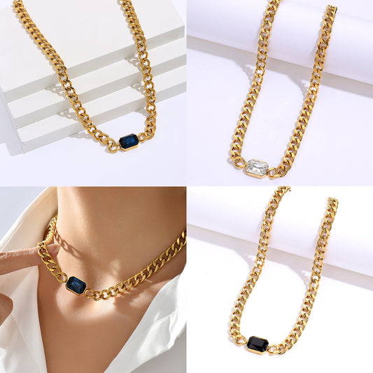 Fashion Rectangle Stainless Steel Plating Zircon 18k Gold Plated Necklace