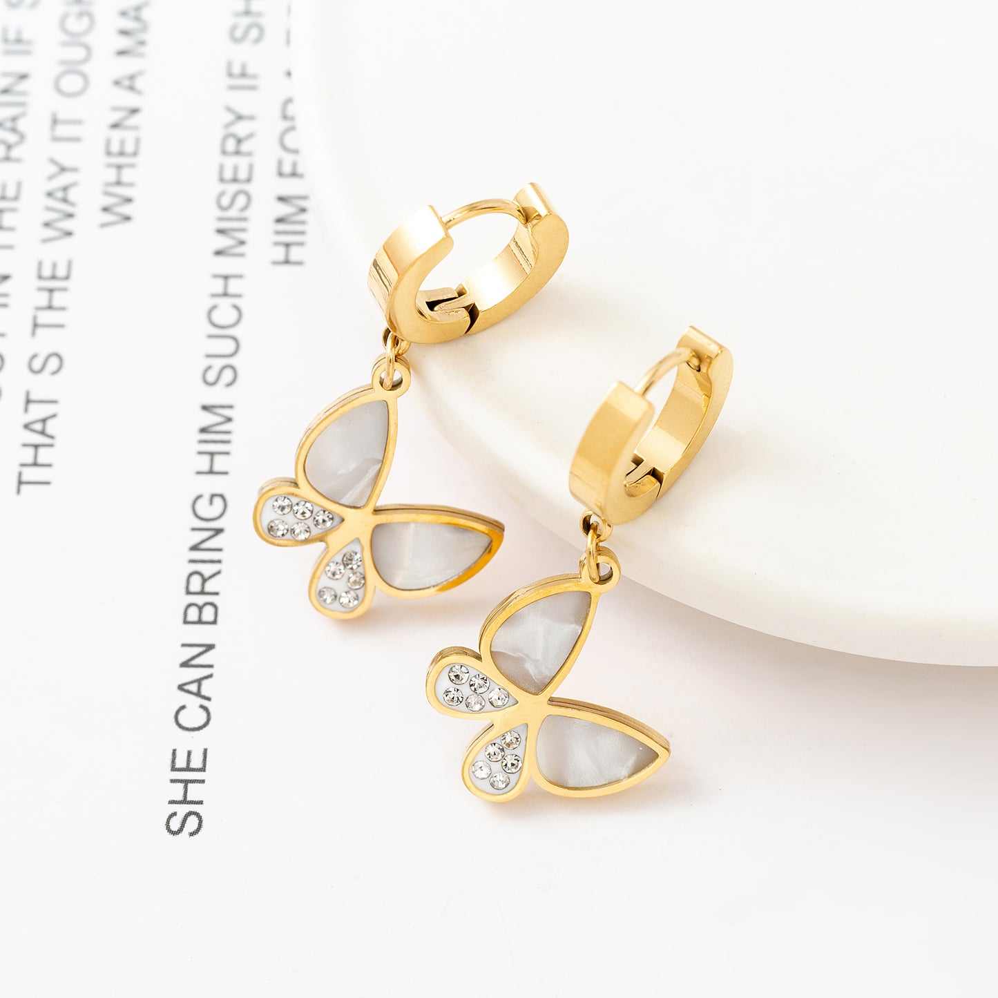 1 Pair Fashion Butterfly Polishing Plating Inlay Titanium Steel Shell Zircon Gold Plated Drop Earrings