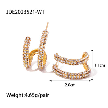 1 Pair Simple Style C Shape Layered Inlay Stainless Steel Pearl Zircon Gold Plated Ear Studs