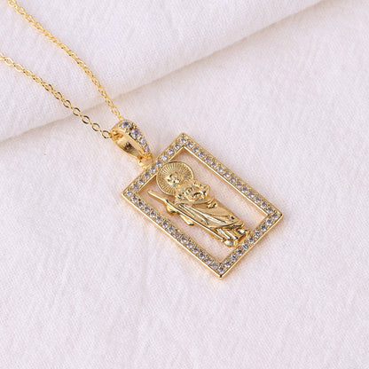 Retro Virgin Mary Square Oval Copper Rhinestones Pendant Necklace In Bulk