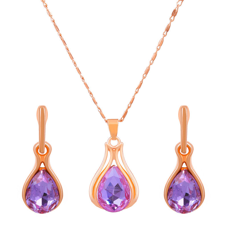 1 Set Fashion Oval Water Droplets Copper Inlay Artificial Rhinestones Zircon Women's Earrings Necklace