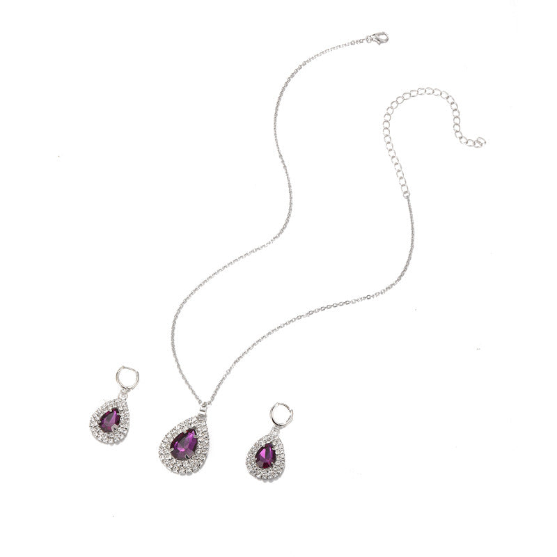 1 Set Fashion Oval Water Droplets Copper Inlay Artificial Rhinestones Zircon Women's Earrings Necklace