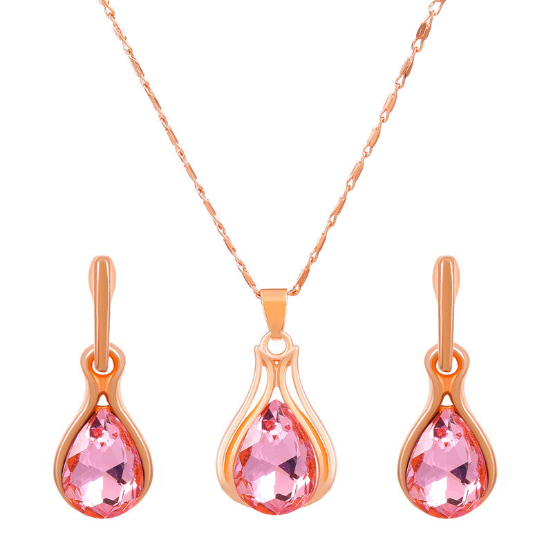 1 Set Fashion Oval Water Droplets Copper Inlay Artificial Rhinestones Zircon Women's Earrings Necklace