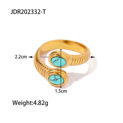 Elegant Oval Snake Stainless Steel Inlay Turquoise Zircon 18k Gold Plated Rings