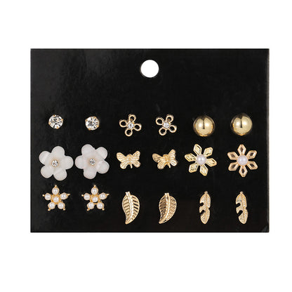 1 Set Fashion Leaves Flower Alloy Inlay Rhinestones Pearl Women's Ear Studs