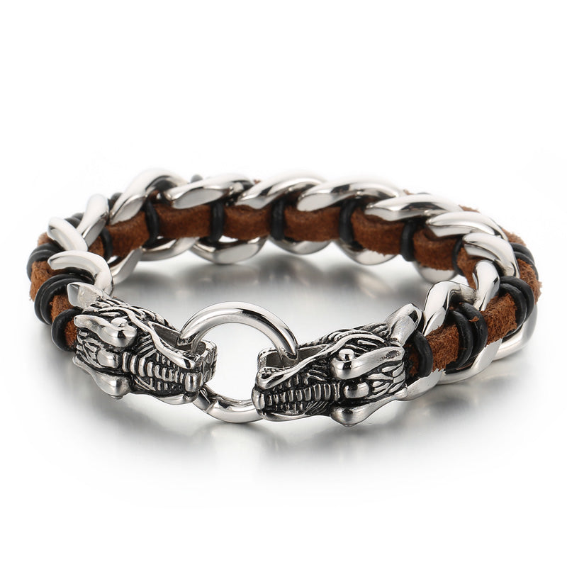 Fashion Animal Wolf Stainless Steel Leather Braid Bangle