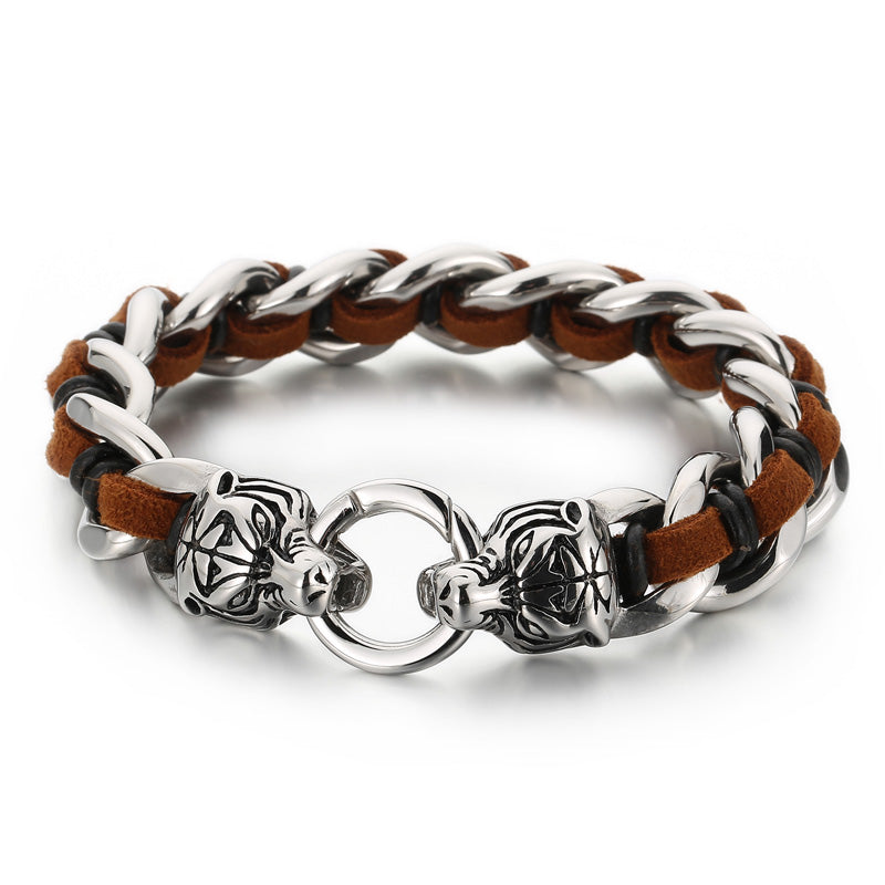 Fashion Animal Wolf Stainless Steel Leather Braid Bangle