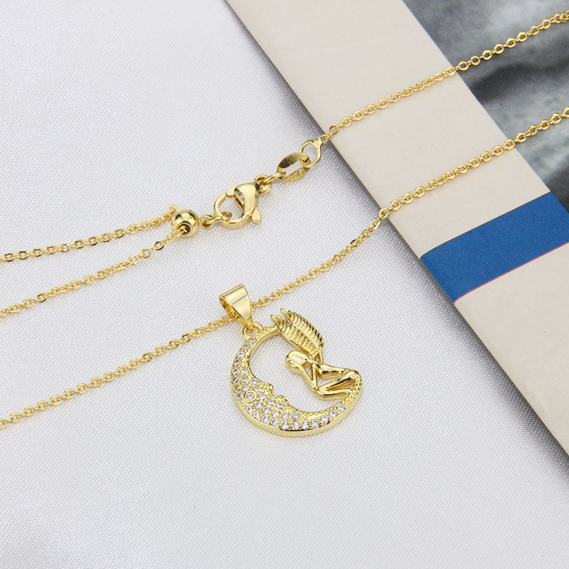 Elegant Angel Moon Copper Plating Zircon Pendant Necklace