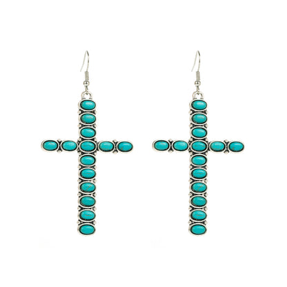 1 Pair Vintage Style Cross Alloy Inlay Turquoise Women's Drop Earrings