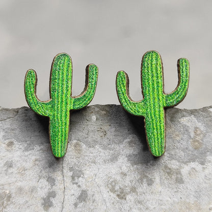 1 Pair Retro Cactus Cows Leopard Wood Women's Ear Studs