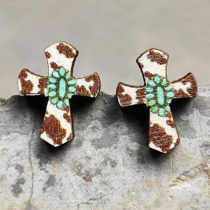 1 Pair Retro Cactus Cows Leopard Wood Women's Ear Studs