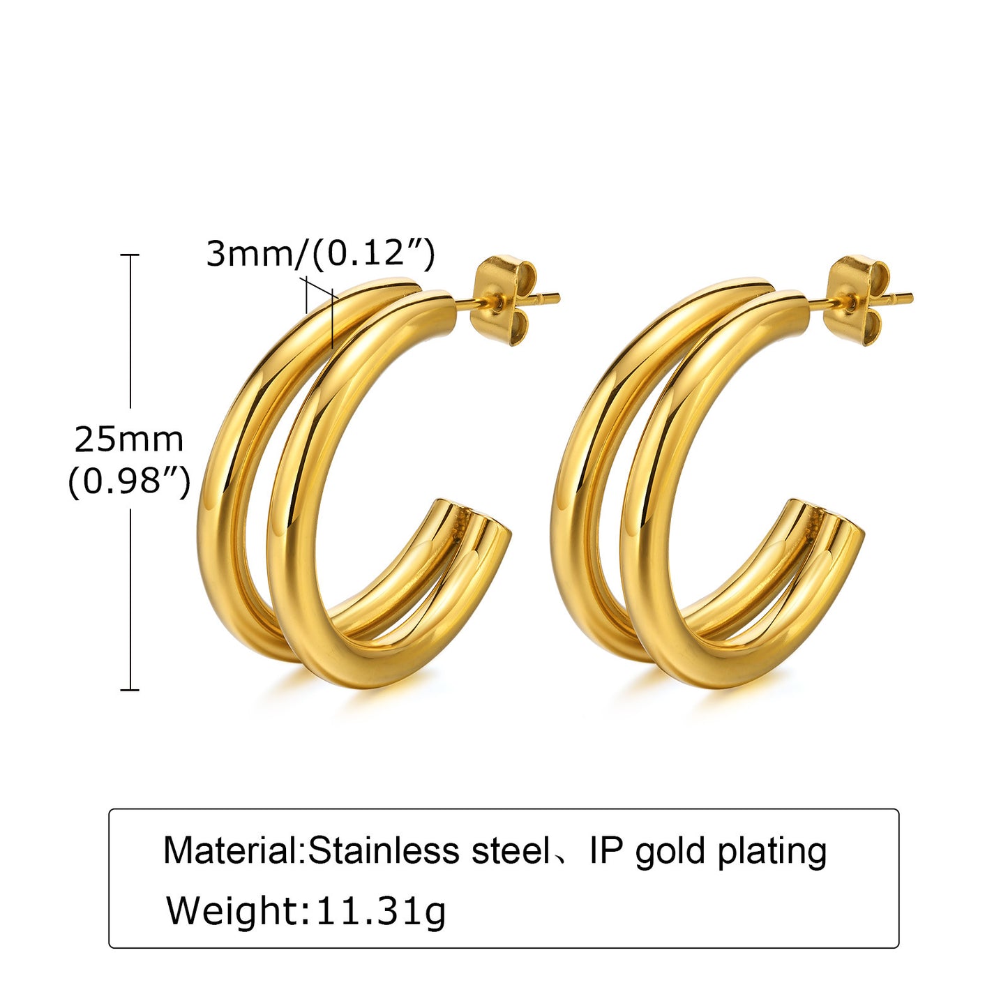 1 Pair Simple Style C Shape Plating Stainless Steel Gold Plated Ear Studs