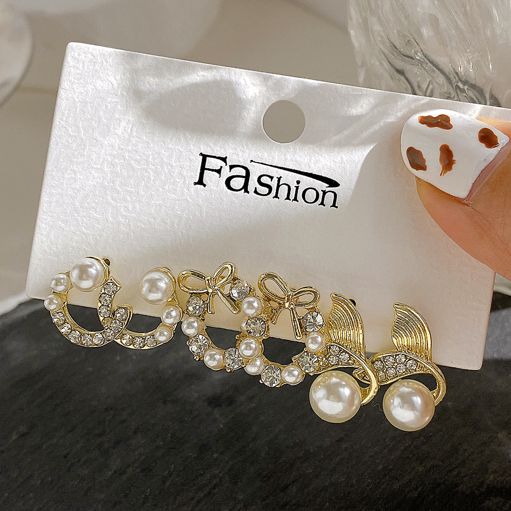 3 Pairs Fashion Geometric Alloy Plating Artificial Pearls Rhinestones Women's Earrings