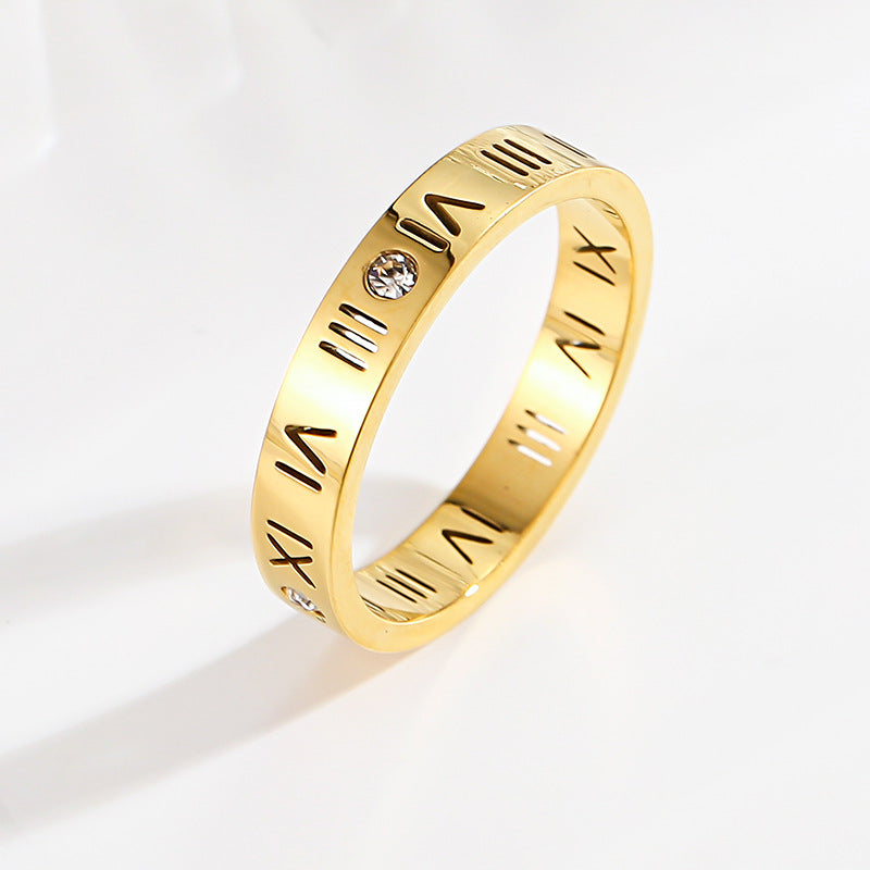 Simple Style Roman Numeral Titanium Steel Plating Hollow Out Inlay Zircon Gold Plated Rings