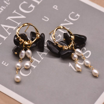 Retro Rhombus Natural Stone Pearl Copper Plating Drop Earrings 1 Pair