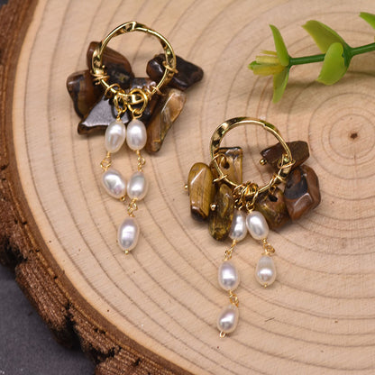 Retro Rhombus Natural Stone Pearl Copper Plating Drop Earrings 1 Pair