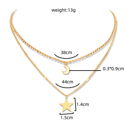 Fashion Star Moon Copper Inlay Zircon Layered Necklaces 1 Piece