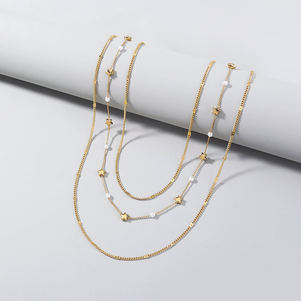 Fashion Star Moon Copper Inlay Zircon Layered Necklaces 1 Piece