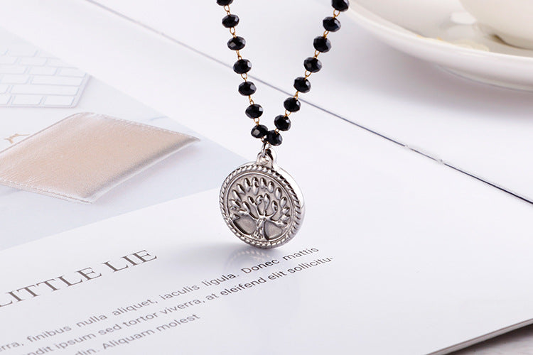 Simple New Black Glass Round Bead Tree Of Life Stainless Steel Necklace Wholesale