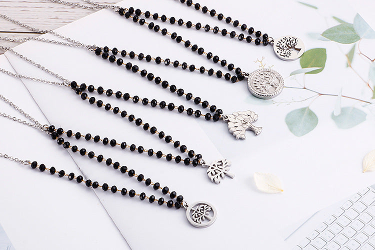 Simple New Black Glass Round Bead Tree Of Life Stainless Steel Necklace Wholesale