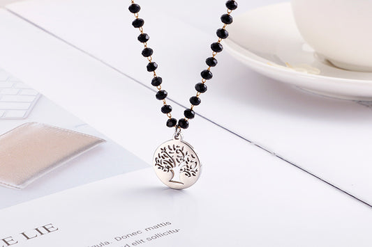 Simple New Black Glass Round Bead Tree Of Life Stainless Steel Necklace Wholesale