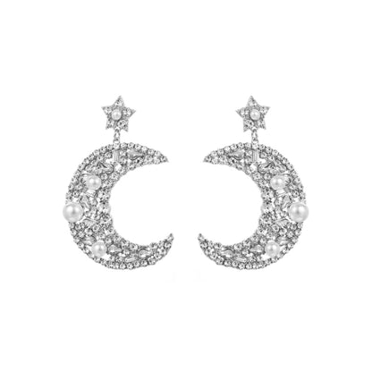 1 Pair Elegant Luxurious Queen Moon Inlay Alloy Rhinestones Pearl Drop Earrings