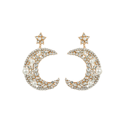 1 Pair Elegant Luxurious Queen Moon Inlay Alloy Rhinestones Pearl Drop Earrings