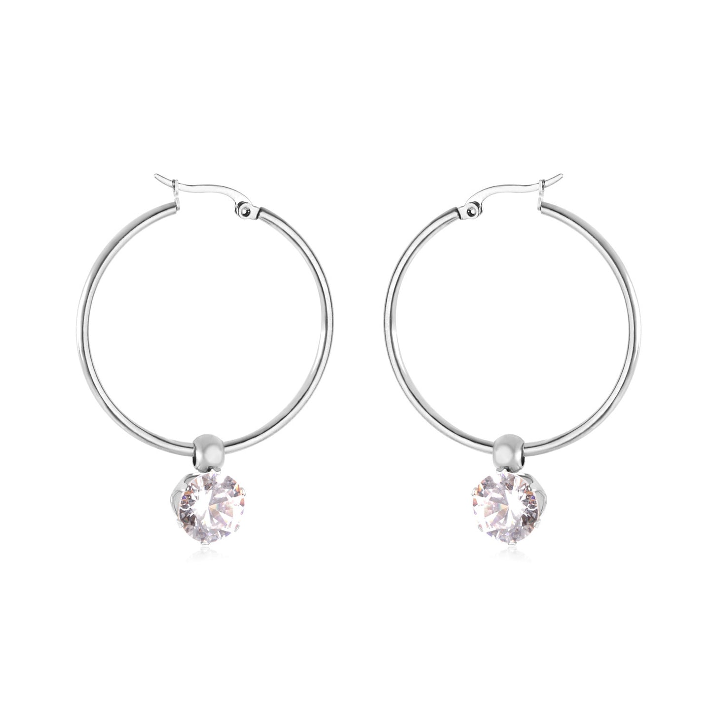 Fashion Round Stainless Steel Plating Rhinestones Hoop Earrings 1 Pair