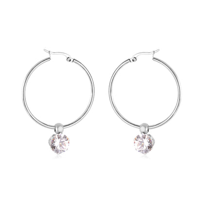 Fashion Round Stainless Steel Plating Rhinestones Hoop Earrings 1 Pair