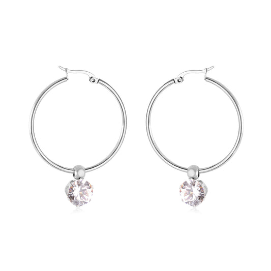 Fashion Round Stainless Steel Plating Rhinestones Hoop Earrings 1 Pair