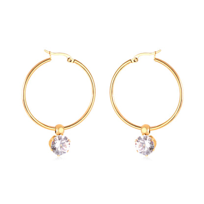 Fashion Round Stainless Steel Plating Rhinestones Hoop Earrings 1 Pair