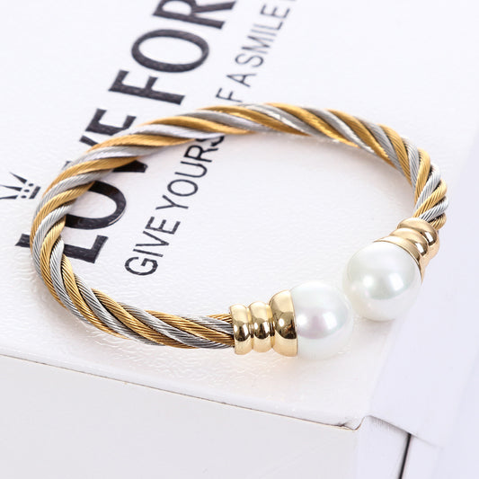 Wholesale Fashion Twist Stainless Steel Braid Artificial Pearls Rings Bracelets