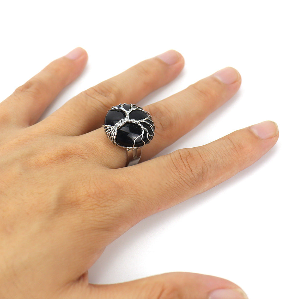 Ethnic Style Tree Oval Agate Open Ring 1 Piece