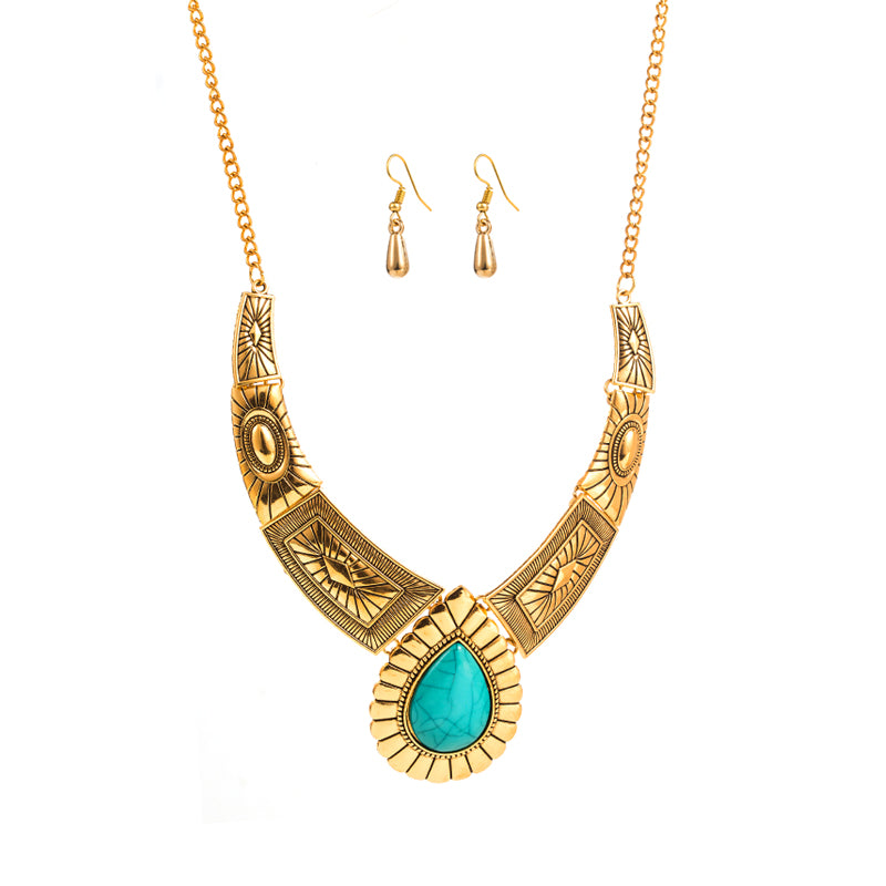 1 Set Vintage Style Water Droplets Alloy Inlay Turquoise Gold Plated Women's Earrings Necklace