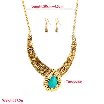 1 Set Vintage Style Water Droplets Alloy Inlay Turquoise Gold Plated Women's Earrings Necklace