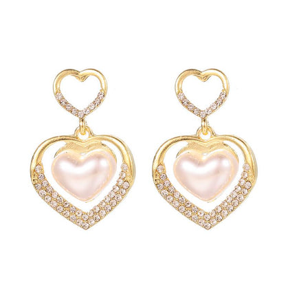 1 Pair Fashion Heart Shape Alloy Inlay Zircon Women's Drop Earrings