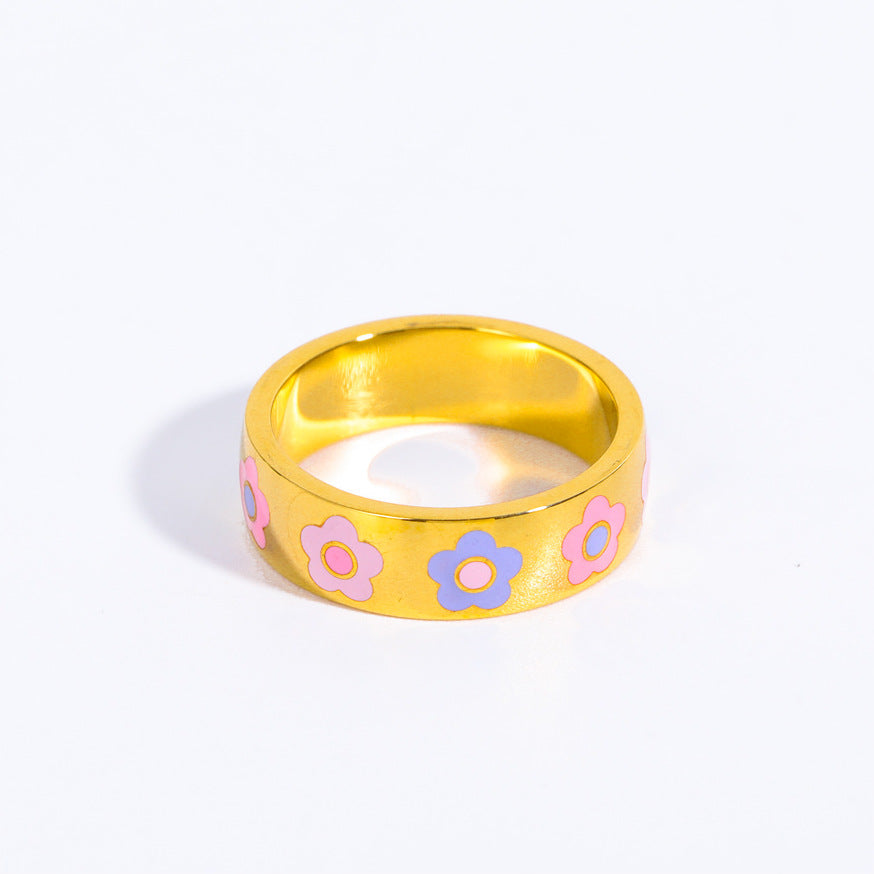 Cute Letter Flower Titanium Steel Enamel Rings