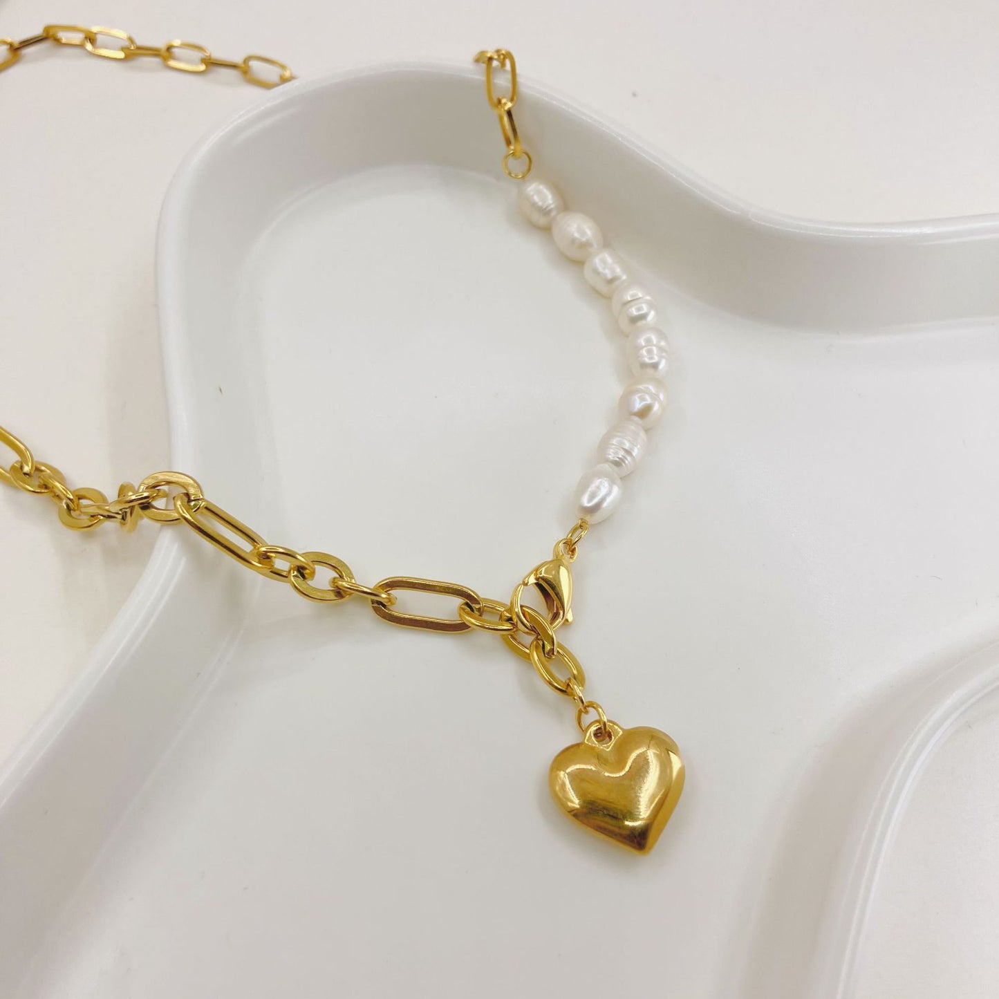 Fashion Heart Shape Stainless Steel Pearl Plating 14k Gold Plated Pendant Necklace